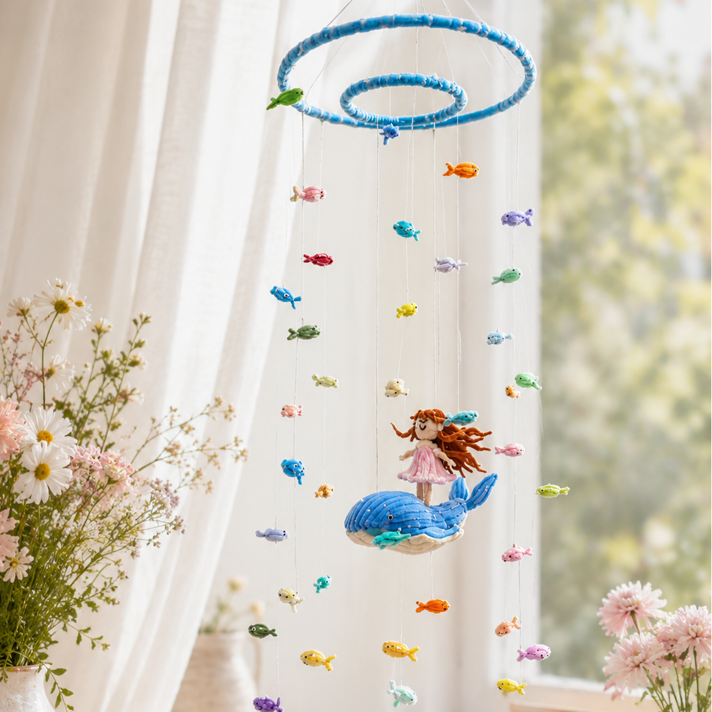 A colorful hanging baby mobile with a blue ring top, small fish charms, and a mermaid figure on a whale, displayed in a bright nursery setting with flowers and a window - Pipe cleaner wind chime