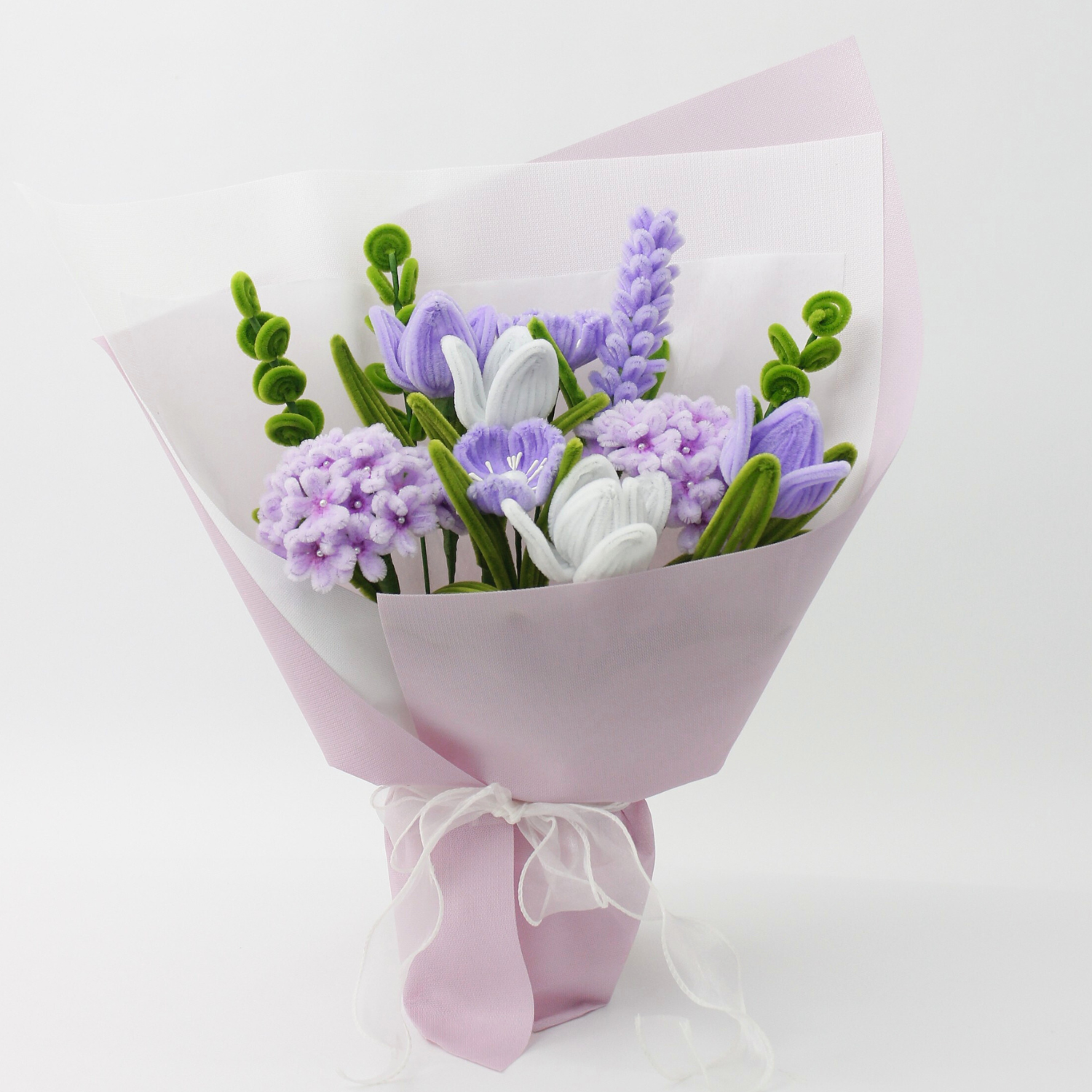 Handmade everlasting bouquet with purple and white flowers, crafted from pipe cleaners, elegant finished flower arrangement gift in Australia for birthdays, anniversaries, and special occasions.