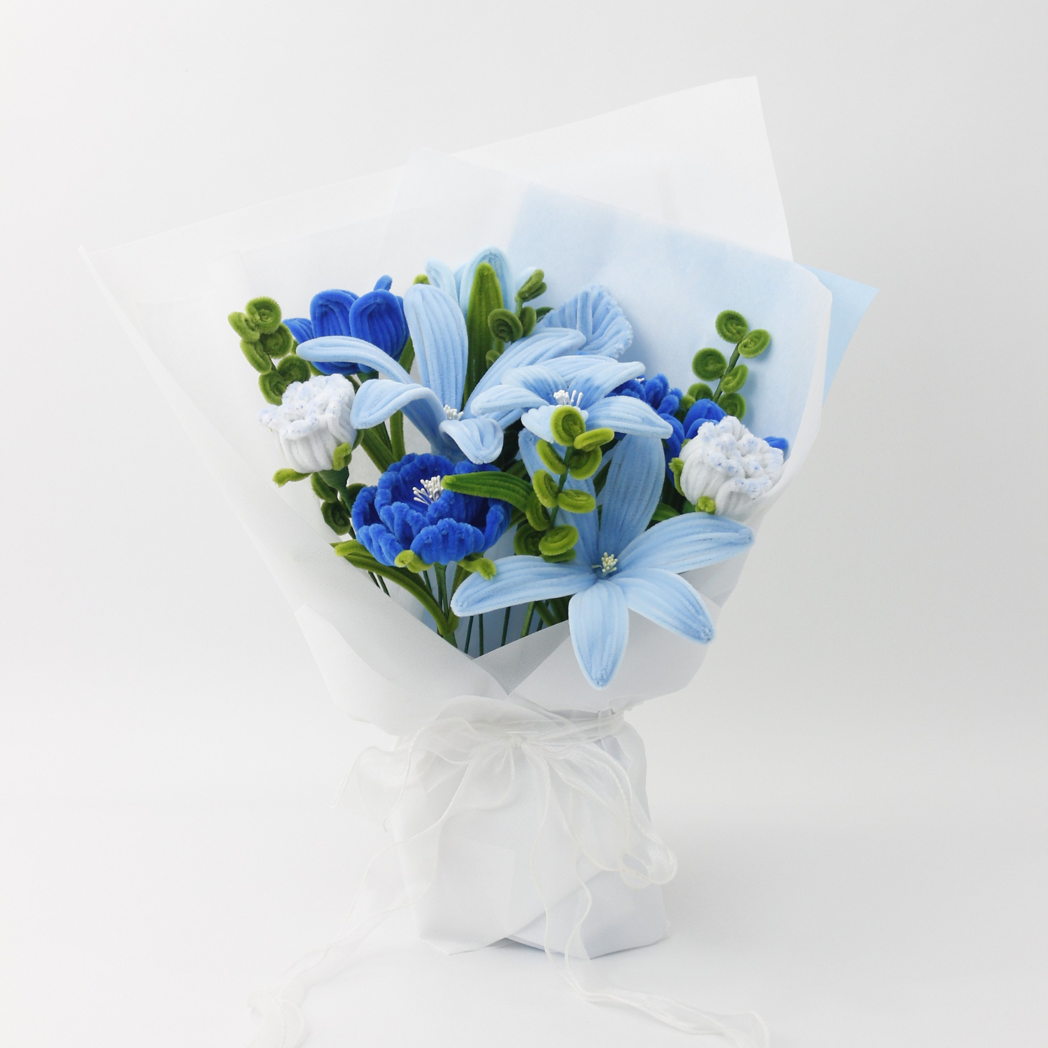 Ocean Mist everlasting bouquet with handmade blue and white flowers, crafted from pipe cleaners, elegant finished flower arrangement gift in Australia.