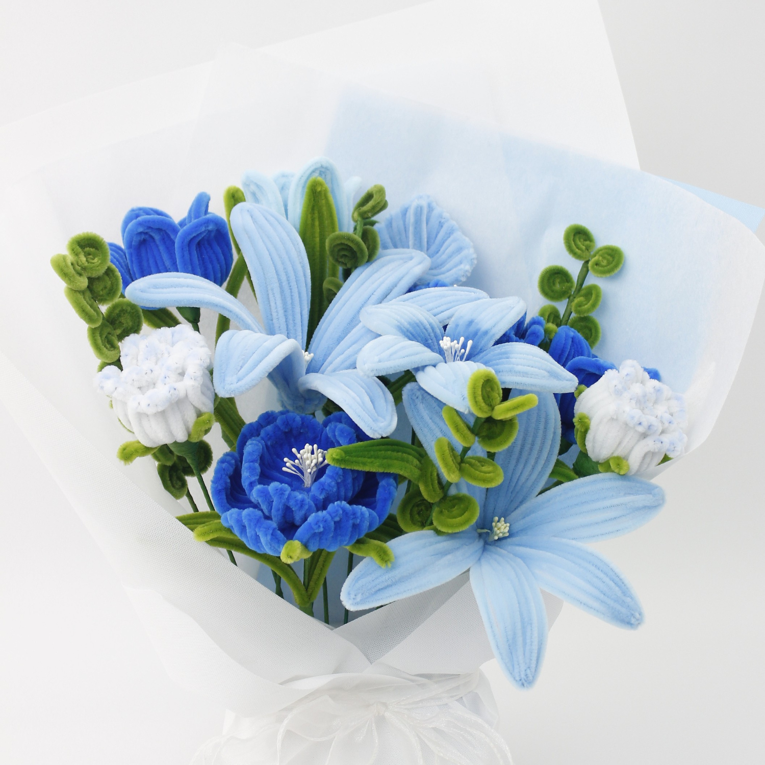 Ocean Mist everlasting bouquet with handmade blue and white flowers, crafted from pipe cleaners, elegant finished flower arrangement gift in Australia.