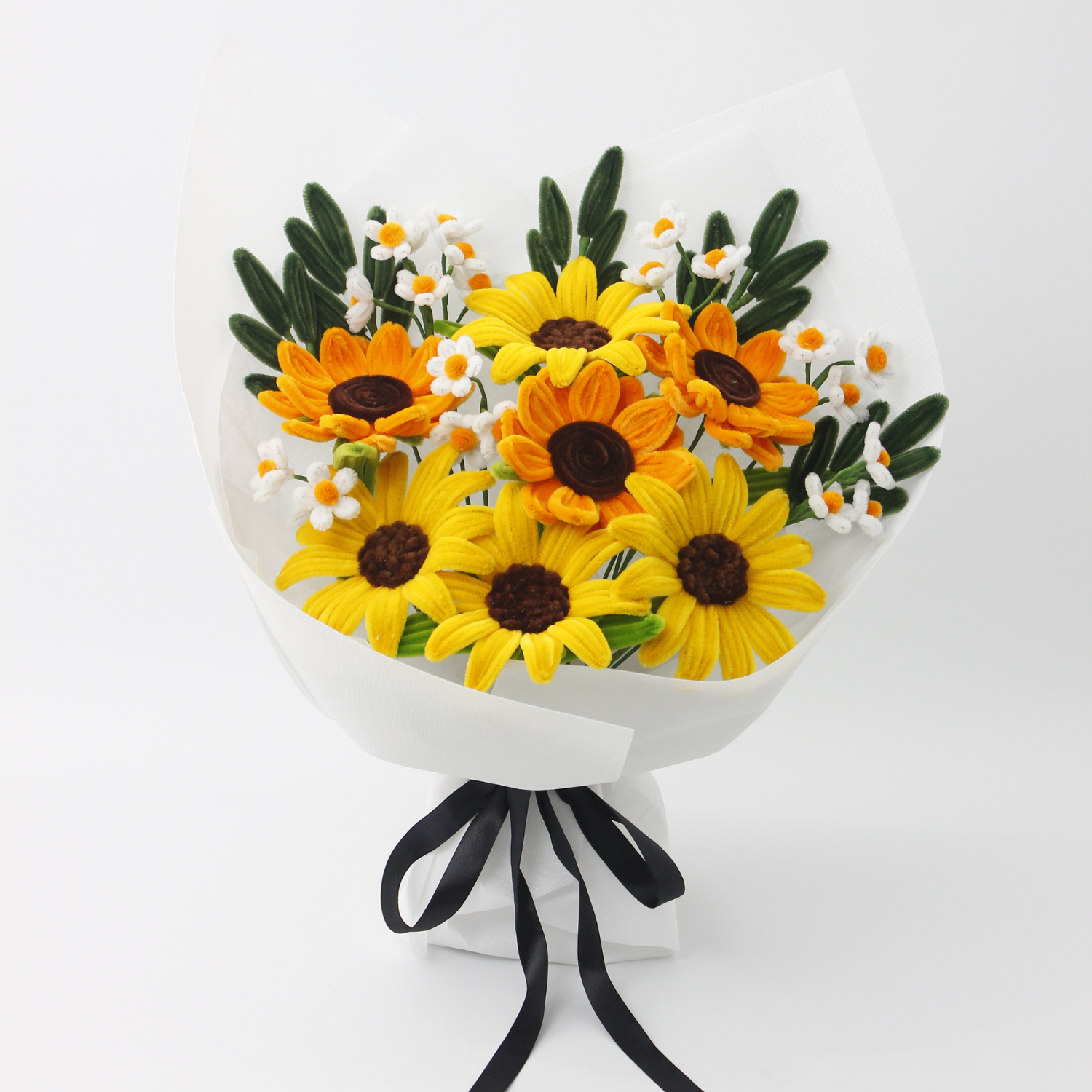 Handmade everlasting sunflower bouquet with bright yellow and orange tones, crafted from pipe cleaners, cheerful finished flower arrangement gift in Australia.