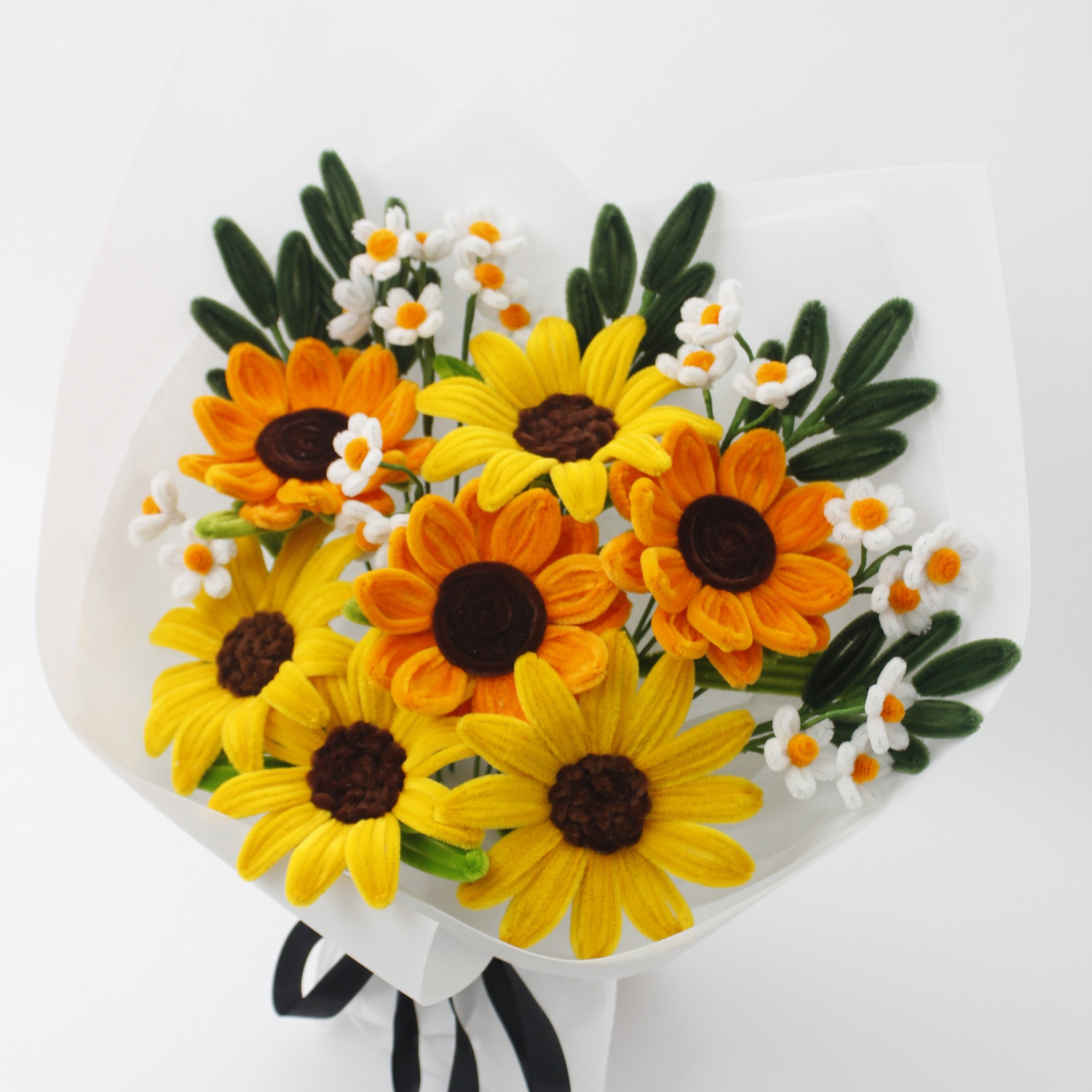 Handmade everlasting sunflower bouquet with bright yellow and orange tones, crafted from pipe cleaners, cheerful finished flower arrangement gift in Australia.