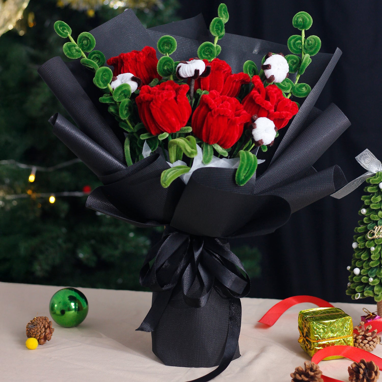 Elegant white and blue pipe cleaner flower bouquet with velvet texture, wrapped in white and icy blue paper. A handmade winter gift perfect for Christmas and seasonal decoration.