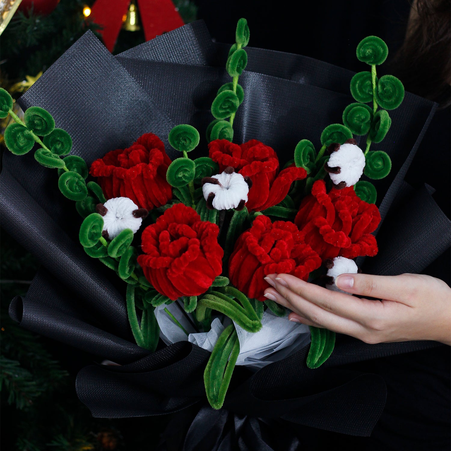 Elegant white and blue pipe cleaner flower bouquet with velvet texture, wrapped in white and icy blue paper. A handmade winter gift perfect for Christmas and seasonal decoration.