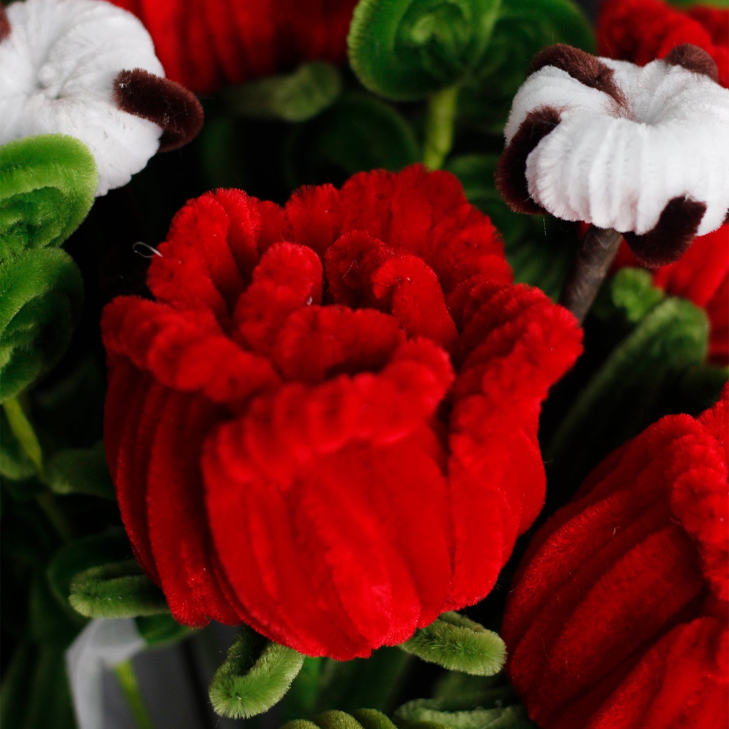 Elegant white and blue pipe cleaner flower bouquet with velvet texture, wrapped in white and icy blue paper. A handmade winter gift perfect for Christmas and seasonal decoration.