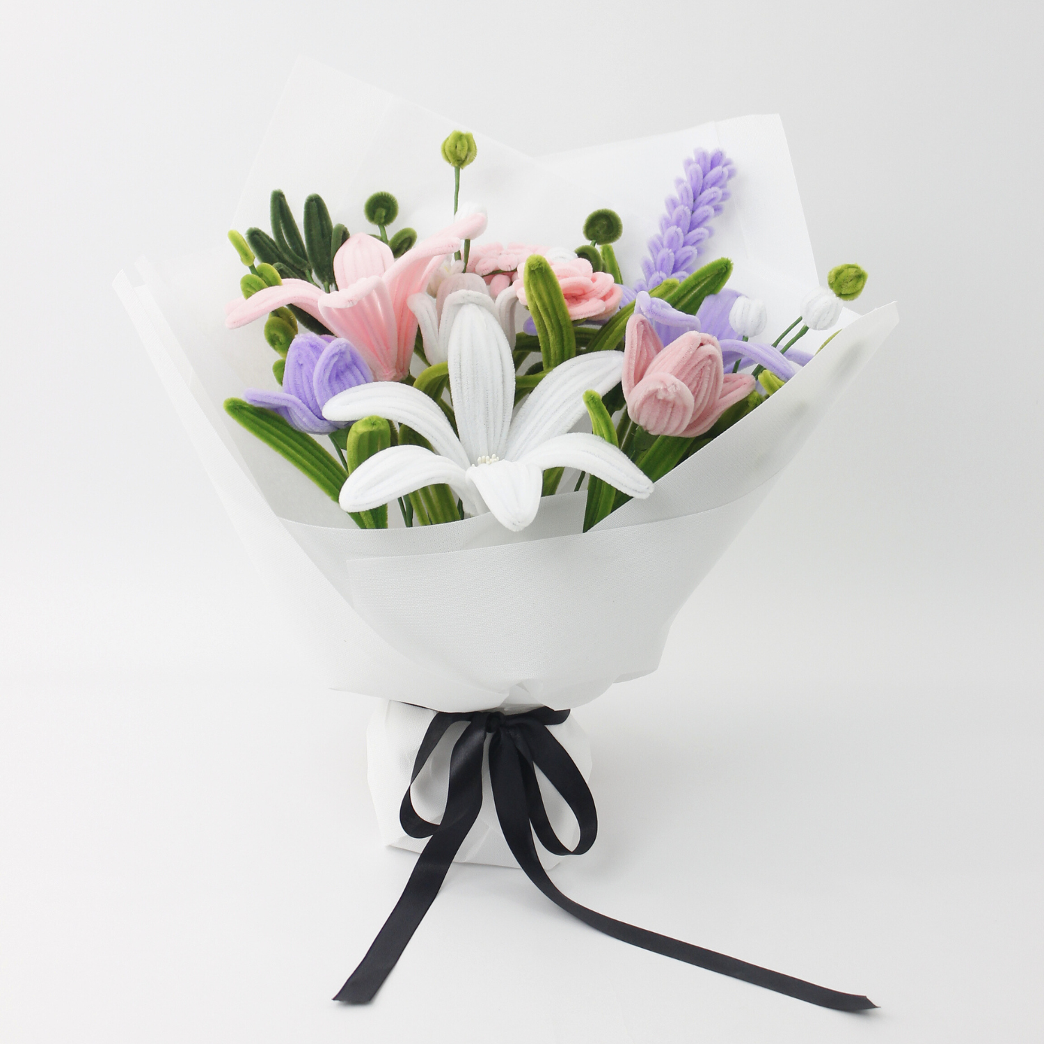 Handmade everlasting bouquet with pastel pink, white, and lilac flowers, crafted from pipe cleaners, elegant finished flower arrangement gift in Australia.