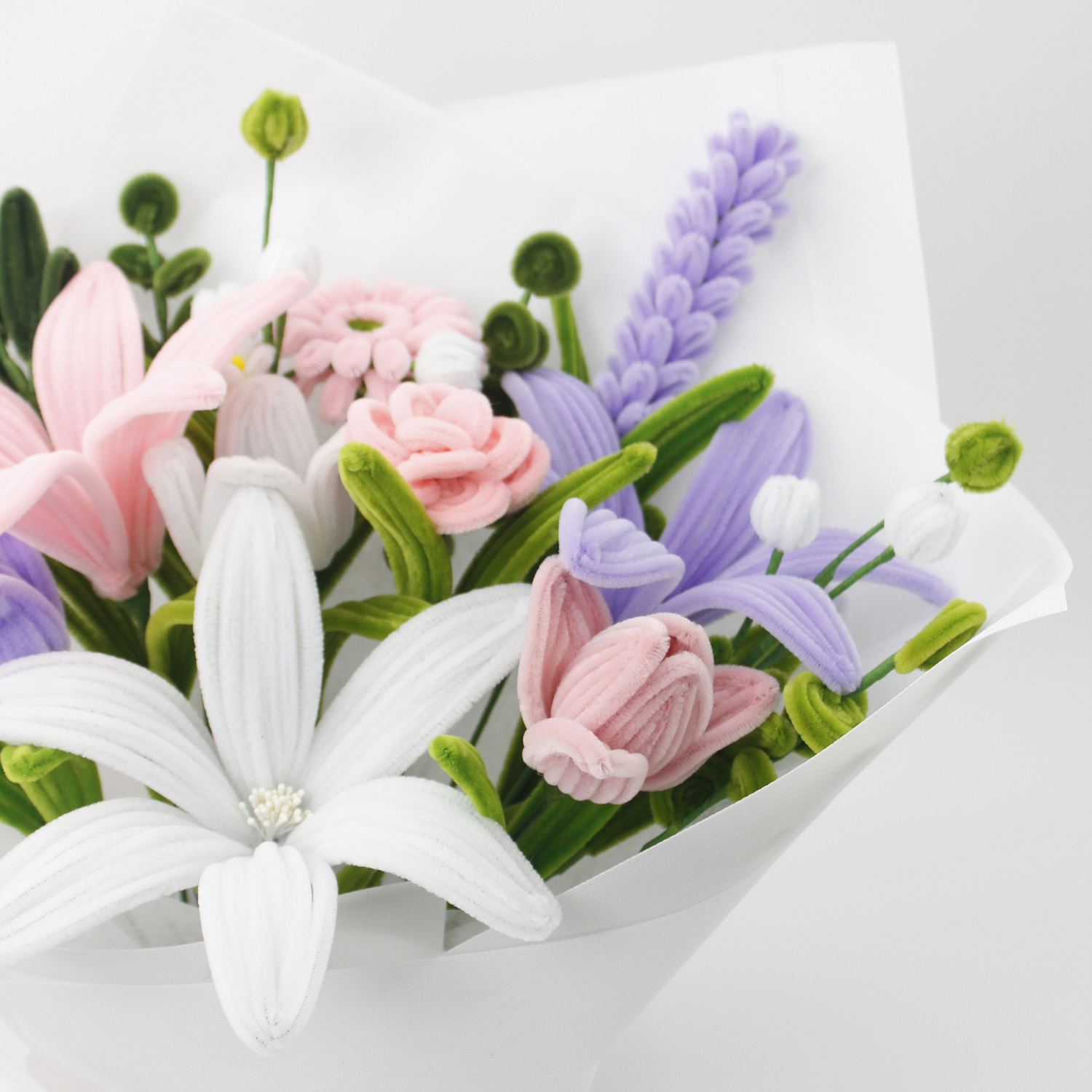 Handmade everlasting bouquet with pastel pink, white, and lilac flowers, crafted from pipe cleaners, elegant finished flower arrangement gift in Australia.