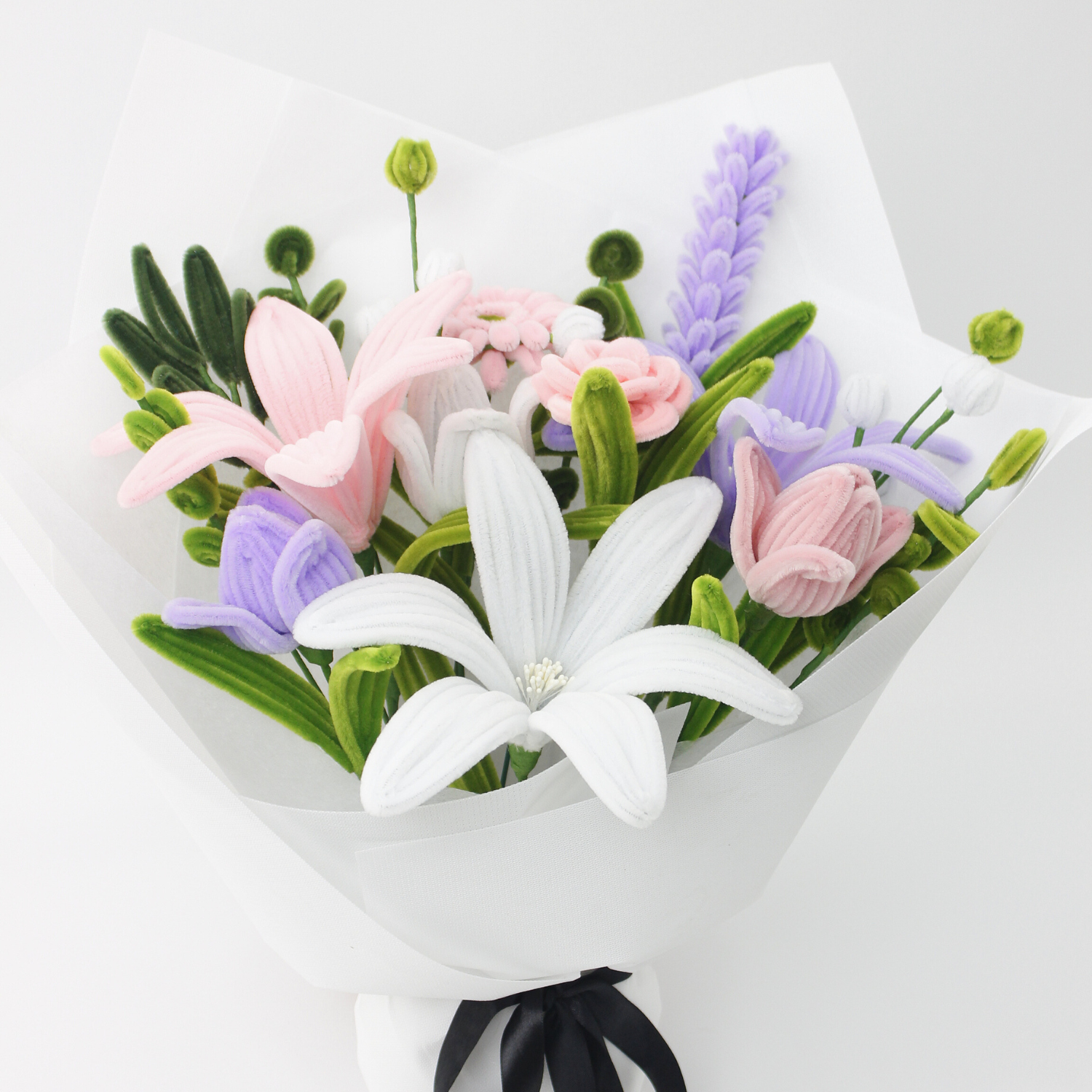 Handmade everlasting bouquet with pastel pink, white, and lilac flowers, crafted from pipe cleaners, elegant finished flower arrangement gift in Australia.