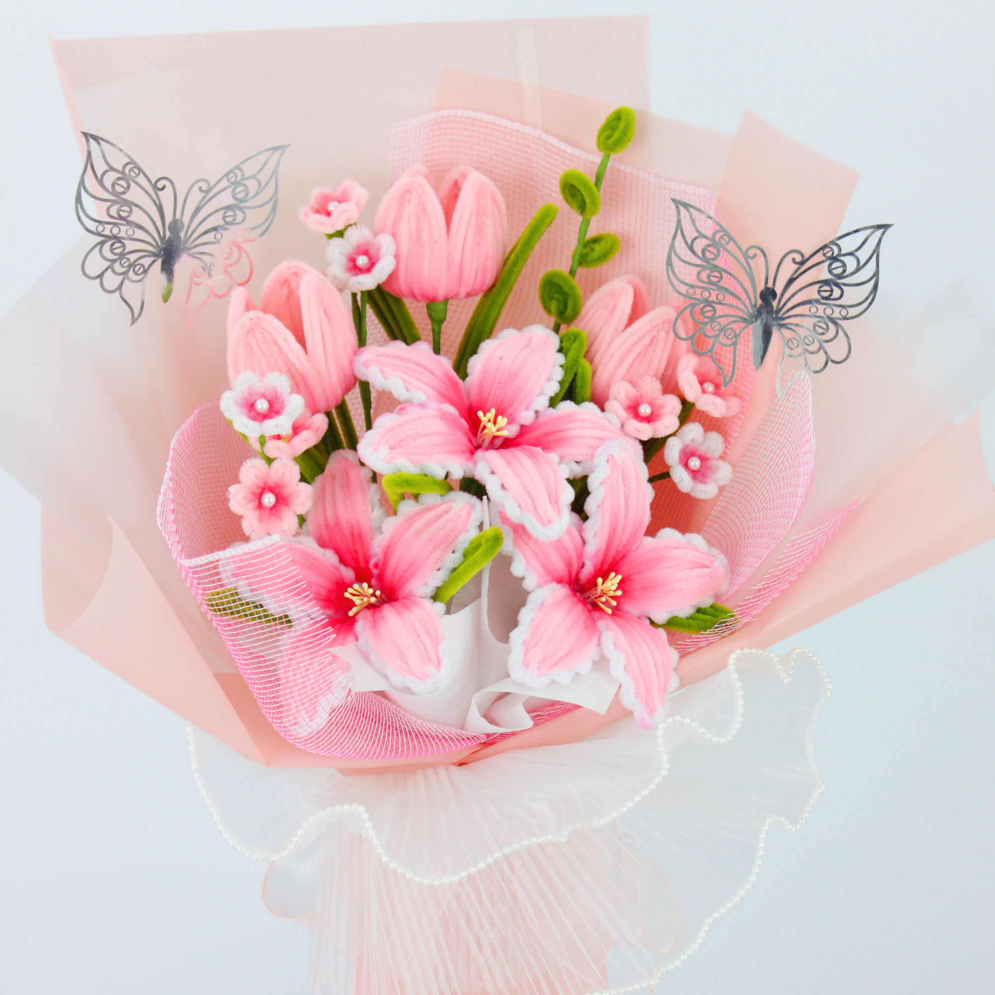 Cherish Tiger Lilies bouquet made from handmade pipe cleaner flowers in soft pink tones. A lasting gift that expresses love and care, perfect for birthdays, anniversaries, or graduation.