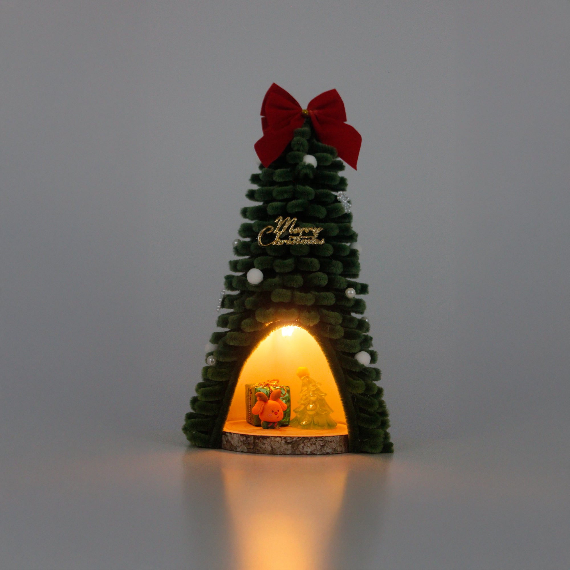Glowing mini pipe cleaner Christmas tree with orange bear and glass ornament – whimsical handmade Christmas decoration