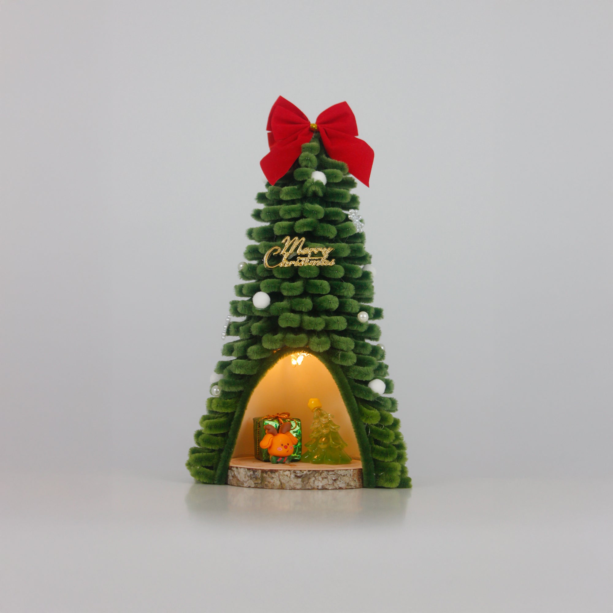 Glowing mini pipe cleaner Christmas tree with orange bear and glass ornament – whimsical handmade Christmas decoration