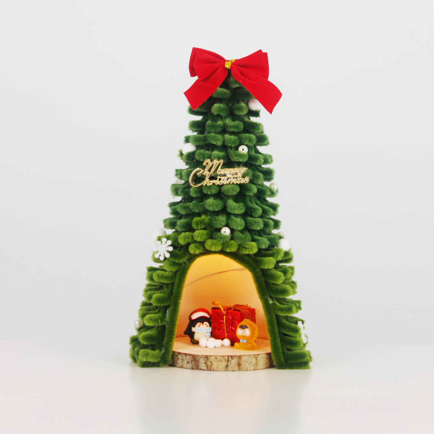 Tall pipe cleaner Christmas tree house with red gift boxes and mini snowman – ideal for DIY decor and unique handmade gifting.